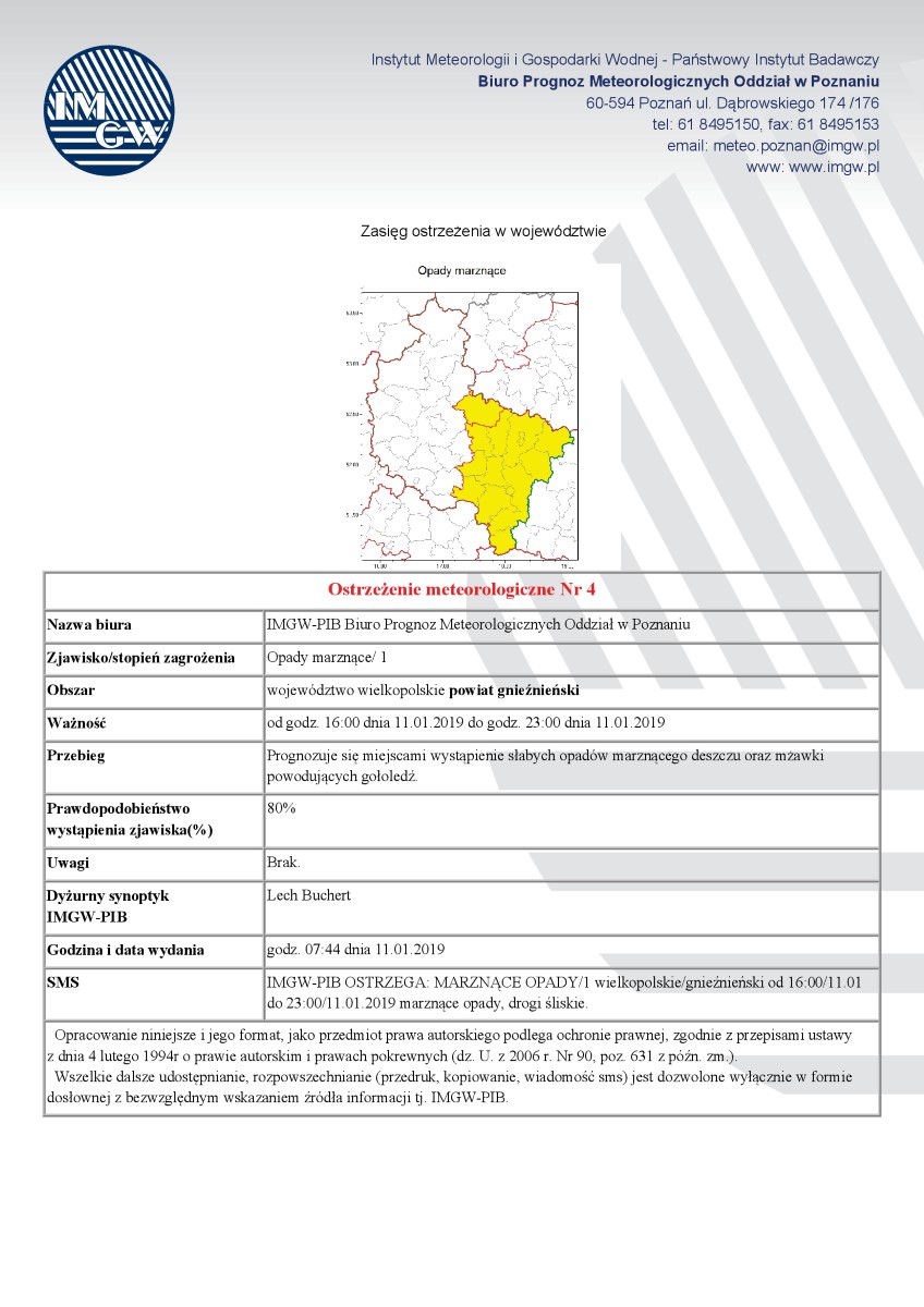 Ostrzeżenie meteorologiczne - Opady marznące/1 od godz. 16:00 dnia 11.01.2019 do godz. 23:00 dnia 11.01.2019