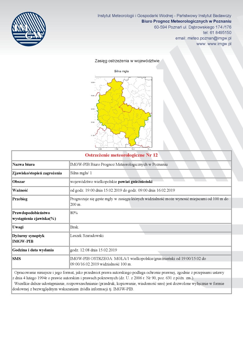 Ostrzeżenie meteorologiczne Nr 12 - Silna mgła/ 1 od godz. 19:00 dnia 15.02.2019 do godz. 09:00 dnia 16.02.2019 r.