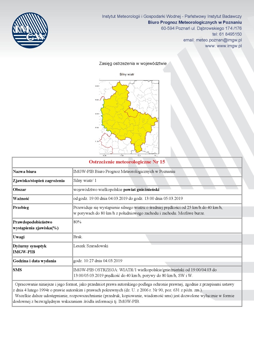 Ostrzeżenie meteorologiczne Nr 15 - Silny wiatr - od godz. 19:00 dnia 04.03.2019 do godz. 13:00 dnia 05.03.2019