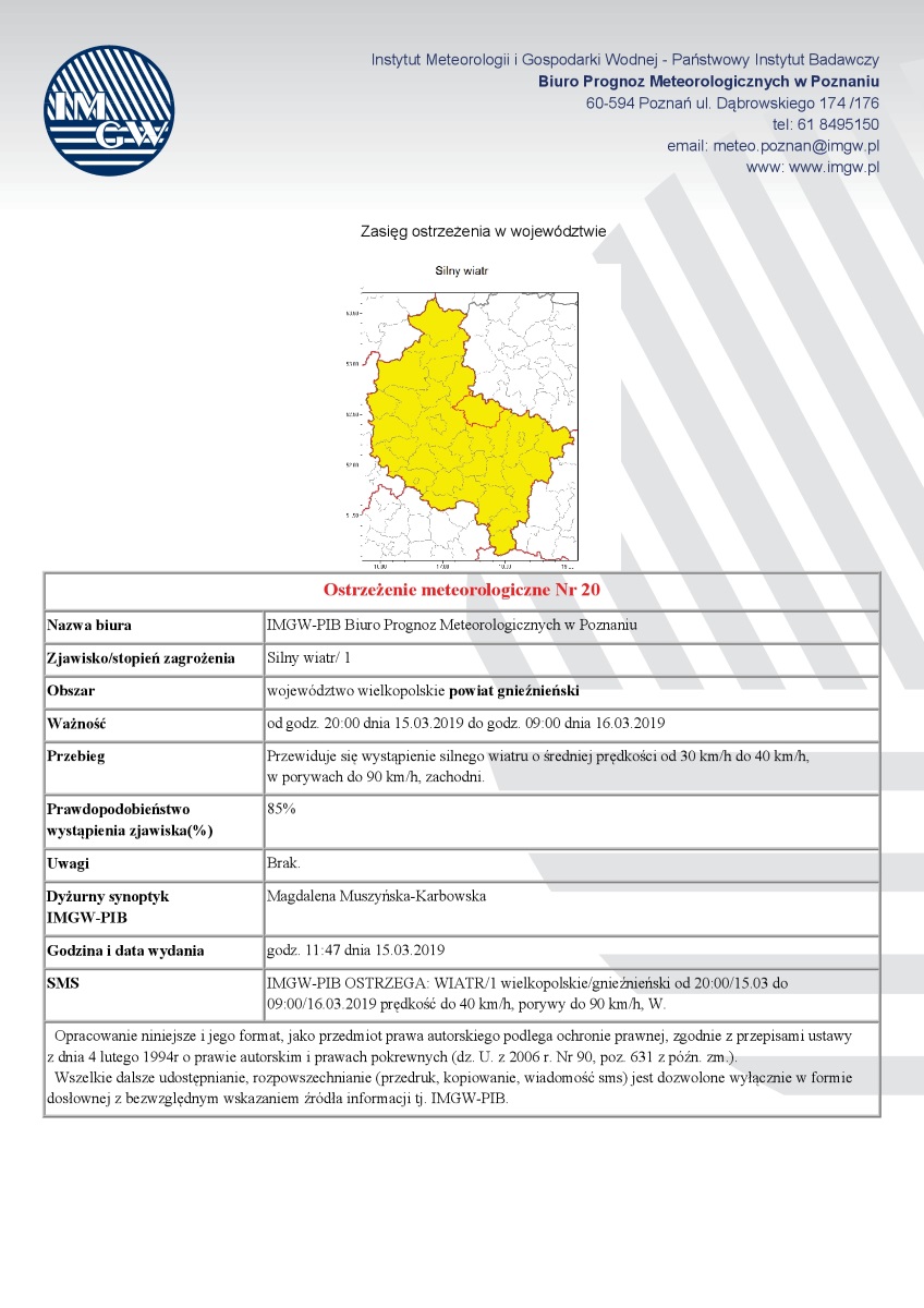 Ostrzeżenie meteorologiczne Nr 20 - Silny wiatr/ 1 - od godz. 20:00 dnia 15.03.2019 do godz. 09:00 dnia 16.03.2019