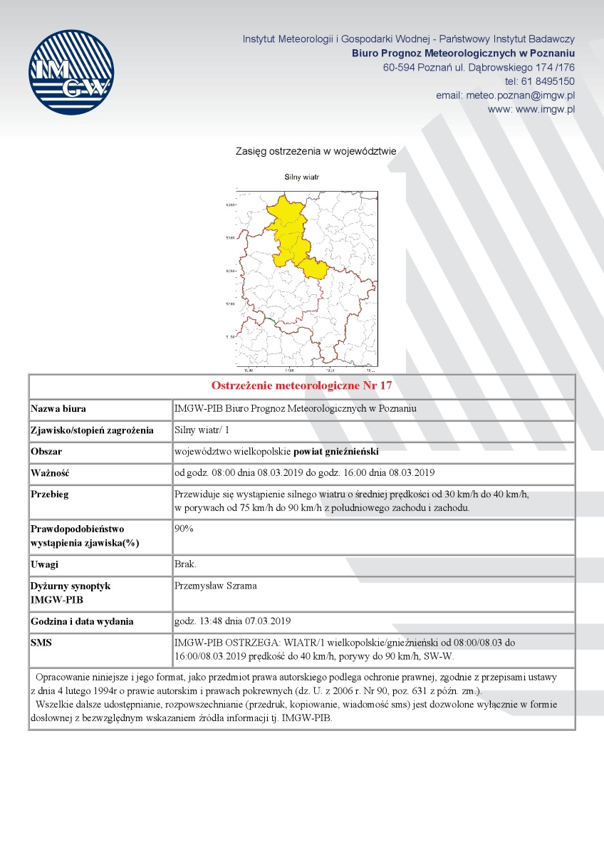 Ostrzeżenie meteorologiczne Nr 17 - Silny wiatr/1 - od godz. 08:00 dnia 08.03.2019 do godz. 16:00 dnia 08.03.2019