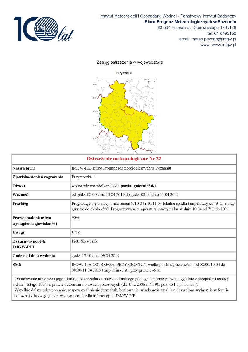 Ostrzeżenie meteorologiczne Nr 22 - Przymrozki/ 1 - od godz. 00:00 dnia 10.04.2019 do godz. 08:00 dnia 11.04.2019