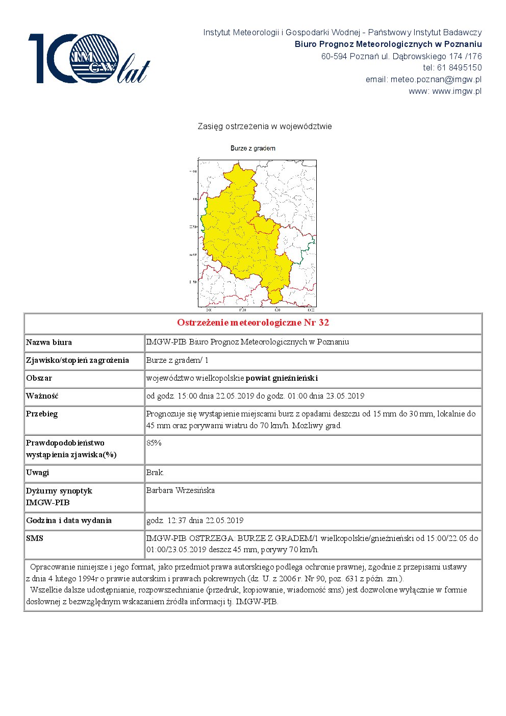 Ostrzeżenie meteorologiczne Nr 32