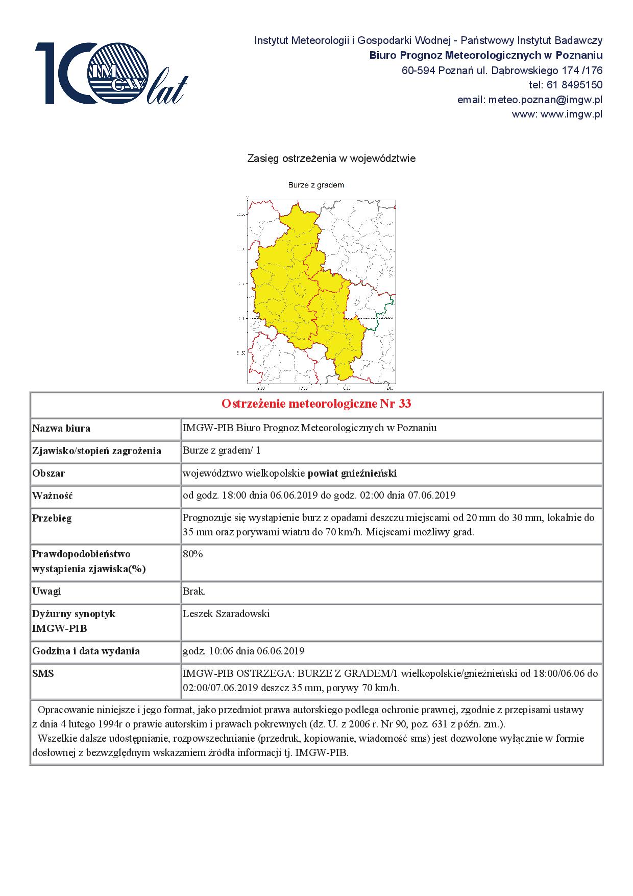 Ostrzeżenie meteorologiczne Nr 33 - Burze z gradem/ 1 - od godz. 18:00 dnia 06.06.2019 do godz. 02:00 dnia 07.06.2019