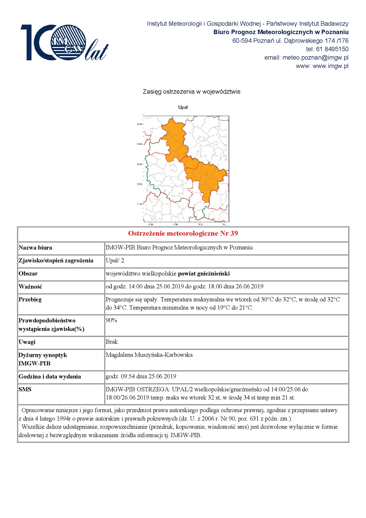 Ostrzeżenie meteorologiczne Nr 39 - Upał/ 2 - od godz. 14:00 dnia 25.06.2019 do godz. 18:00 dnia 26.06.2019