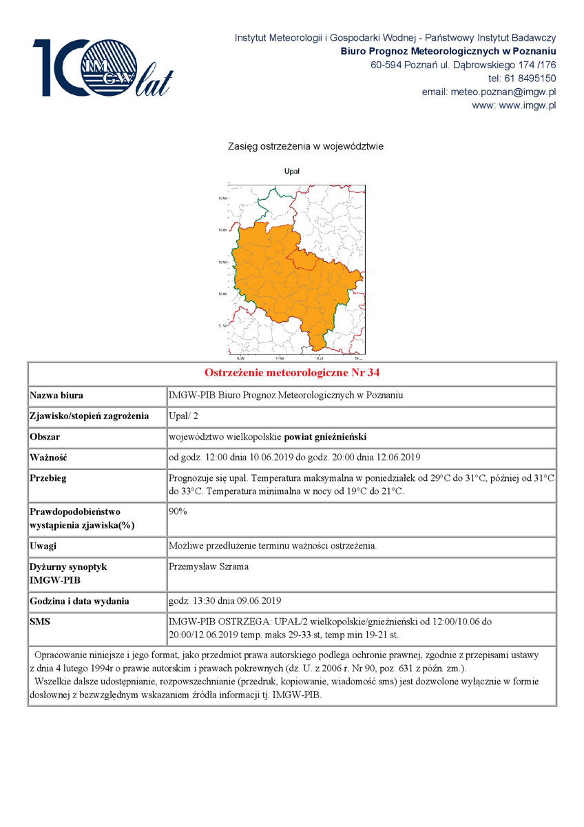 Ostrzeżenie meteorologiczne Nr 34 - Upał/ 2 - od godz. 12:00 dnia 10.06.2019 do godz. 20:00 dnia 12.06.2019