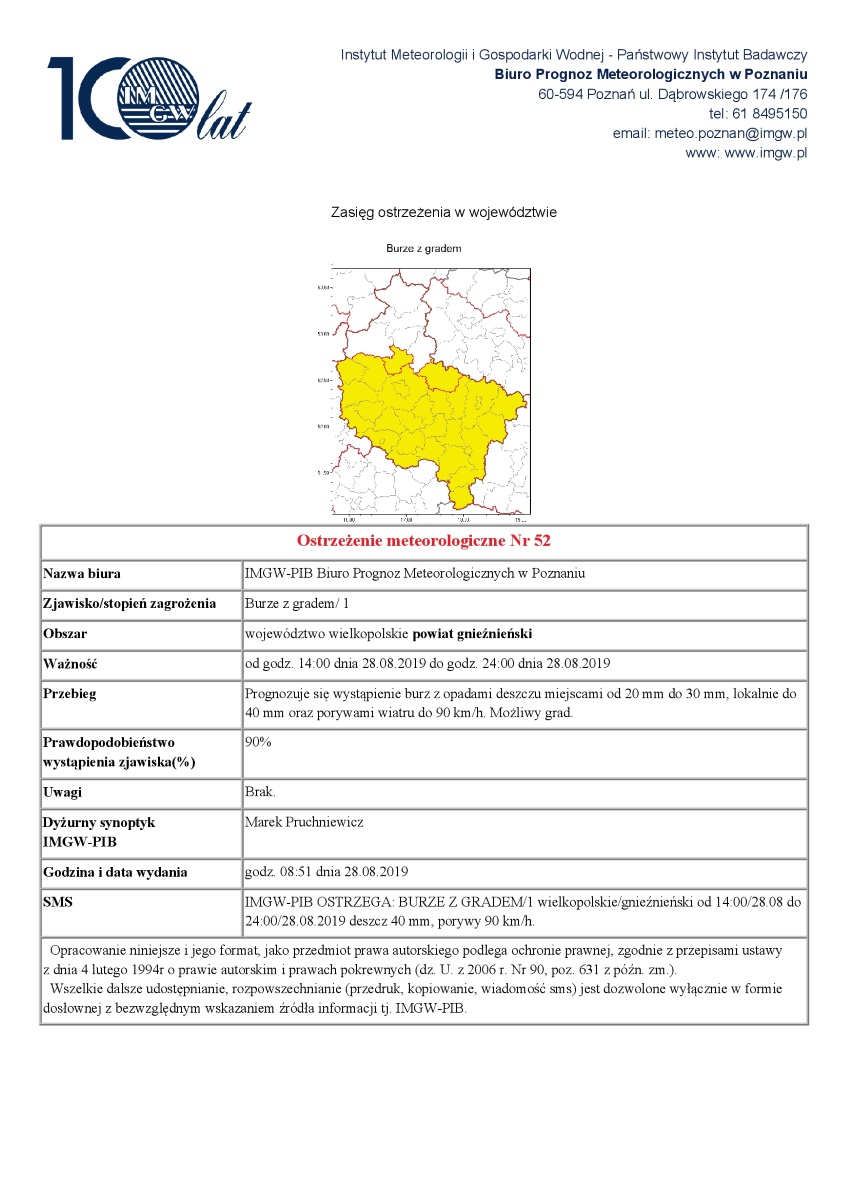 Ostrzeżenie meteorologiczne Nr 52 - Burze z gradem/ 1 od godz. 14:00 dnia 28.08.2019 do godz. 24:00 dnia 28.08.2019