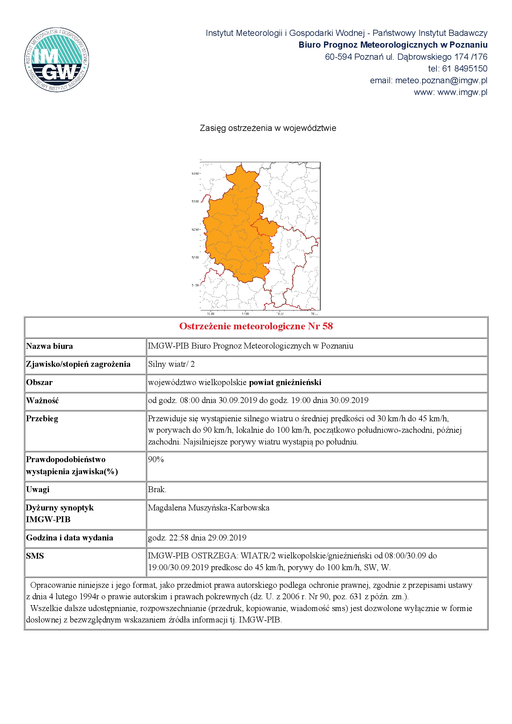 Ostrzeżenie meteorologiczne Nr 58 - Silny wiatr/ 2 - od godz. 08:00 dnia 30.09.2019 do godz. 19:00 dnia 30.09.2019