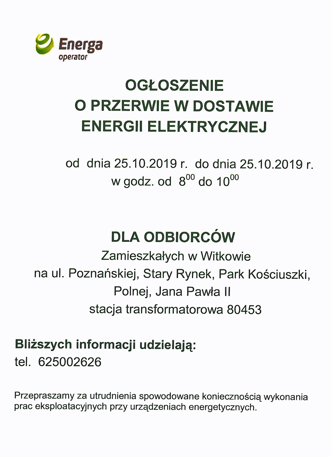 ogloszenie o przerwie w dostawie energii elektrycznej