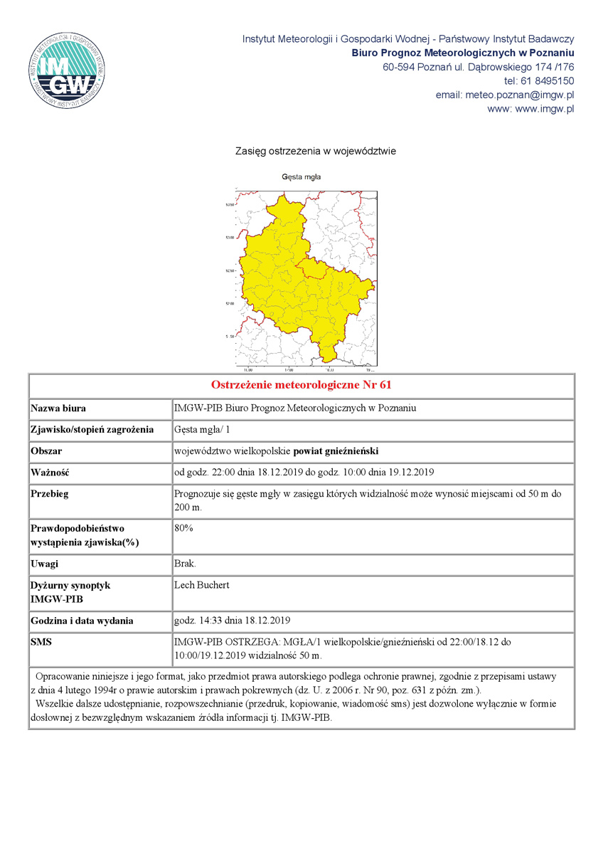 Ostrzeżenie meteorologiczne Nr 61 - Gęsta mgła/ 1 - od godz. 22:00 dnia 18.12.2019 do godz. 10:00 dnia 19.12.2019