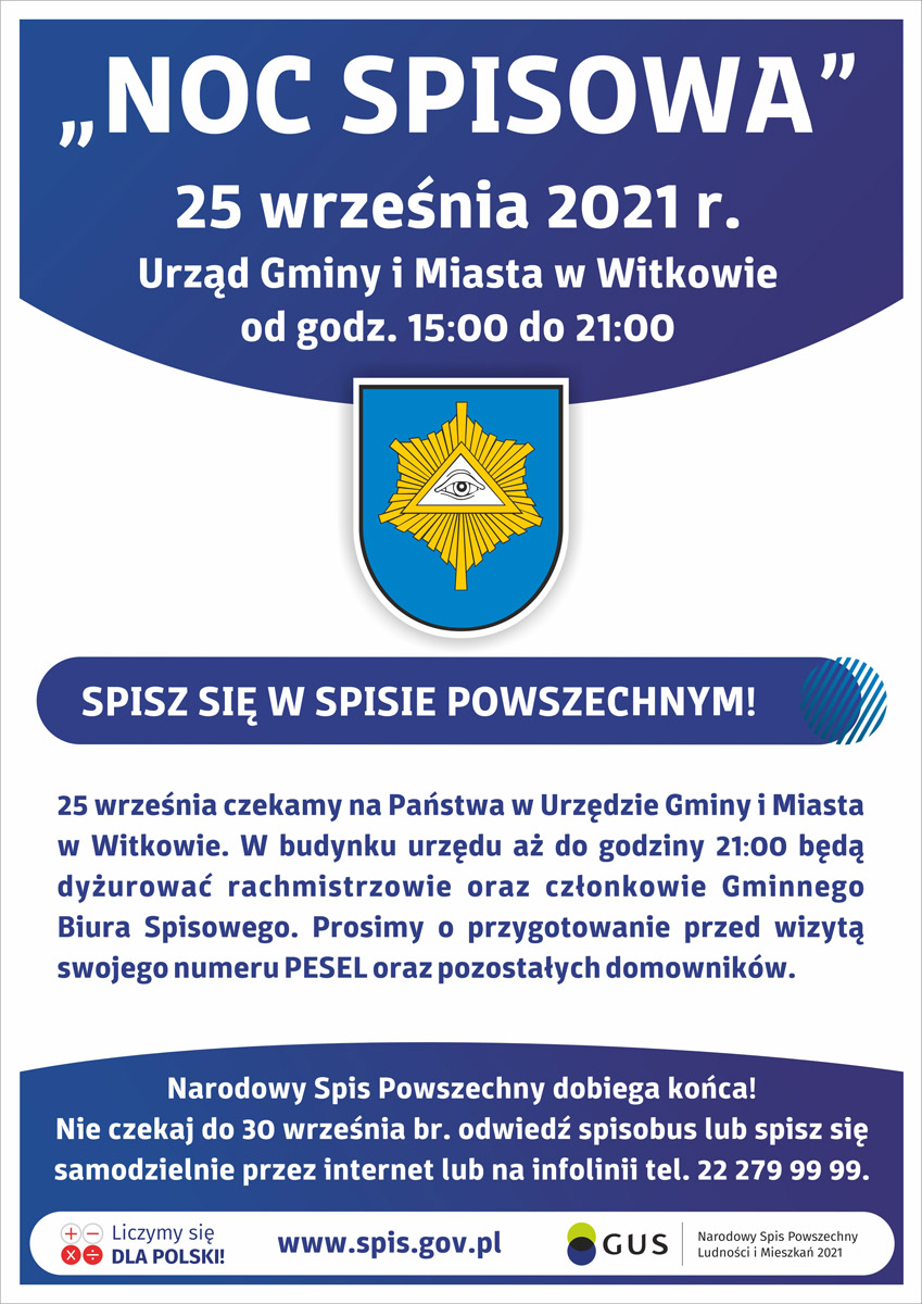 „Noc spisowa” 25 września 2021 r.  Urząd Gminy i Miasta w Witkowie od godz. 15:00 do 21:00